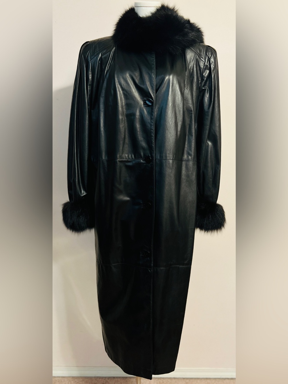 Dominic Bellissimo Black Leather Blue Fox Fur Duster Coat